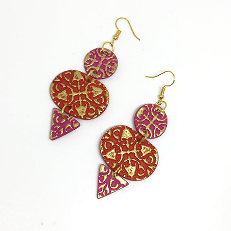 Tiered Engraved Earrings in Red and Pink
